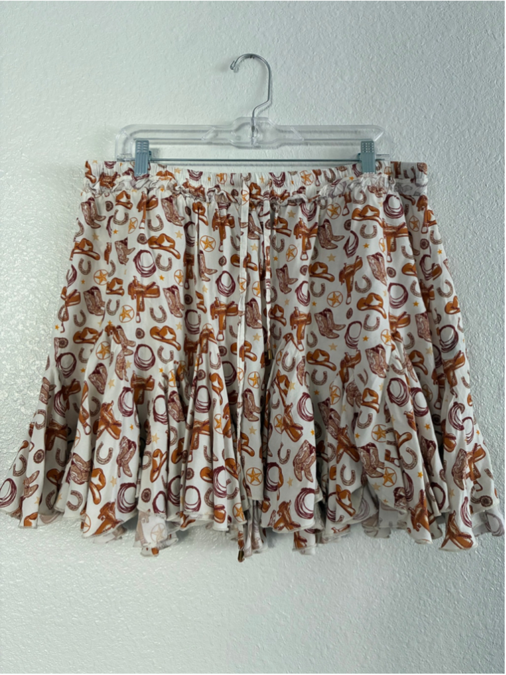 Women's Rock & Roll Denim ruffle Western Print Mini Skirt XXL White Brown